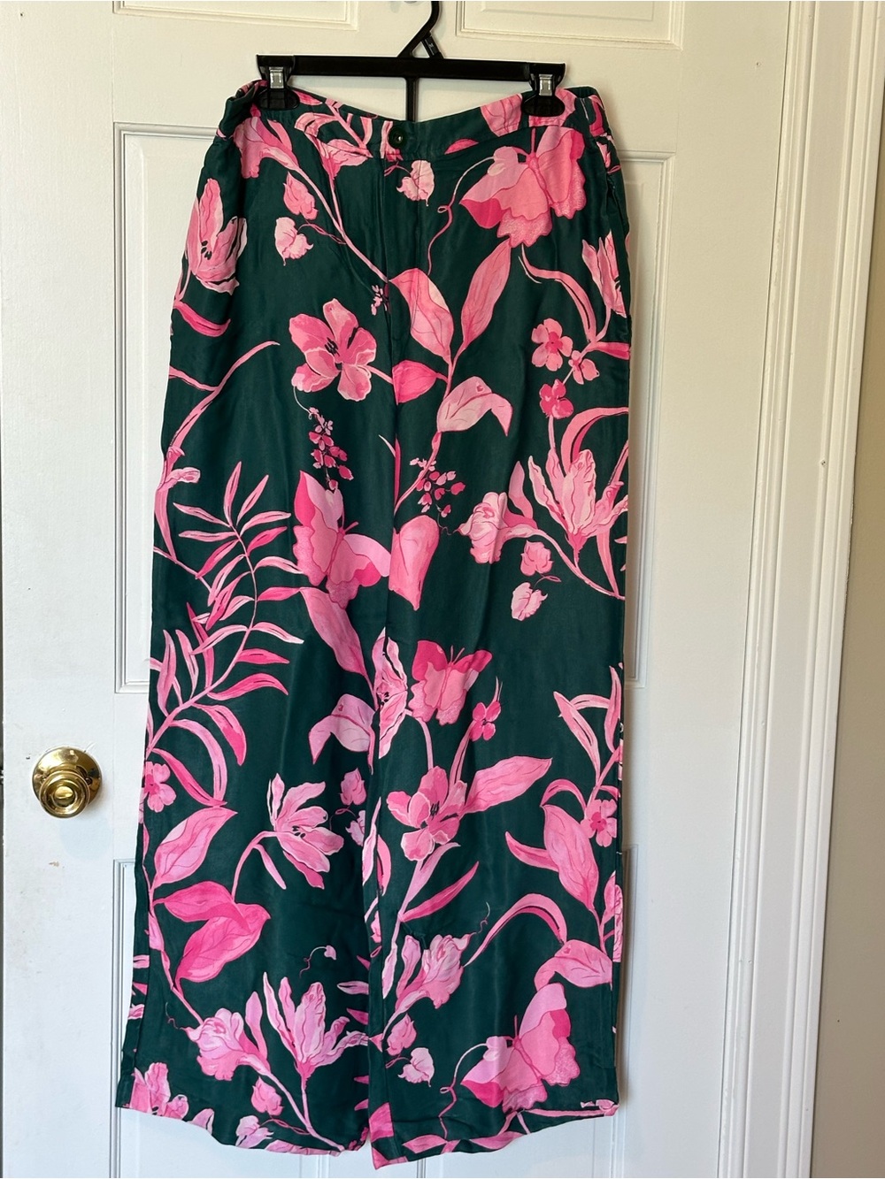 Anthropology Breezy Tropical Dark Green Pink Floral Print Dress Pants Size.L